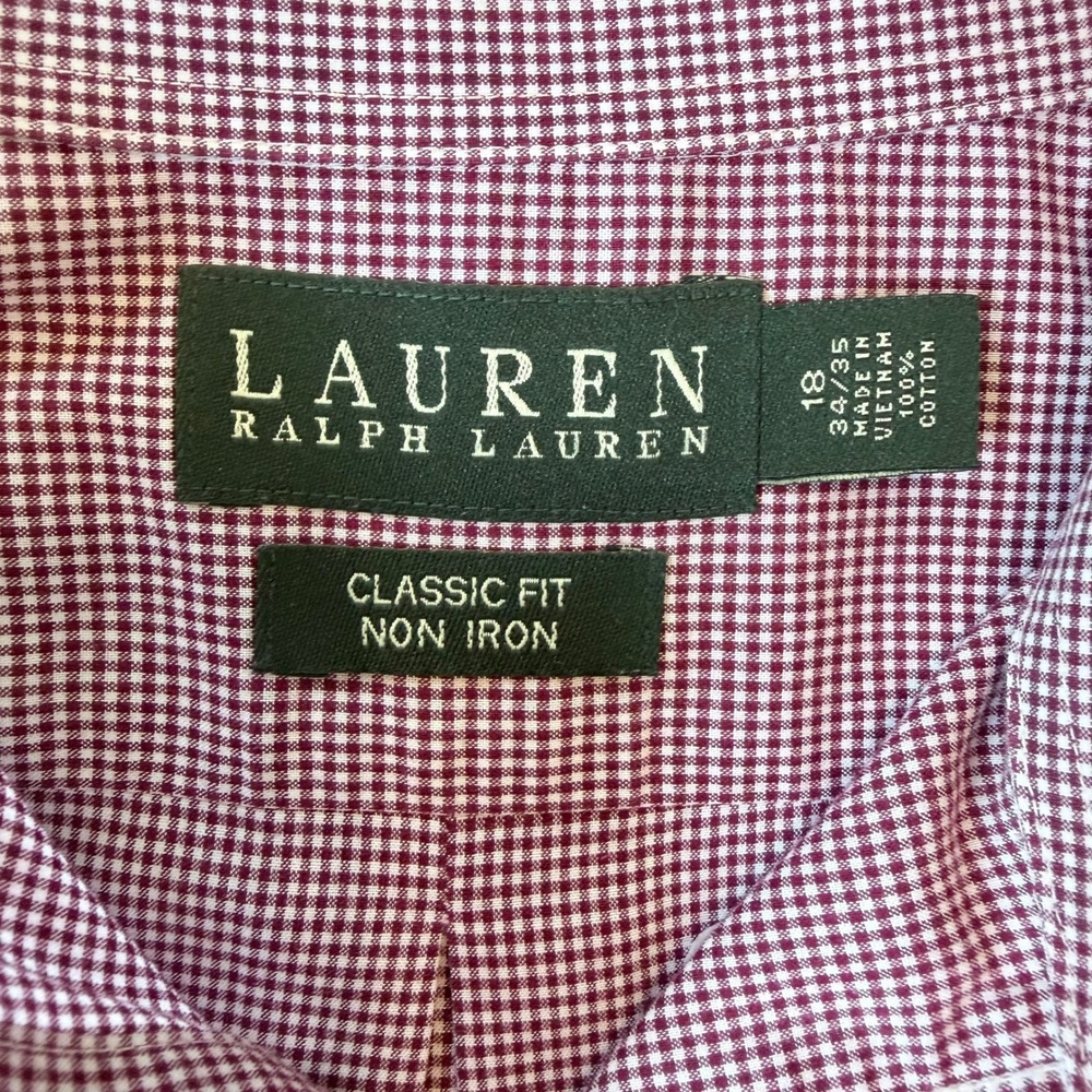 Lauren Ralph Lauren Men 18 34/35 Classic Fit Burgundy Gingham Button Down Shirt - Picture 4 of 6